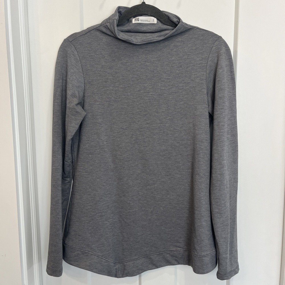 Fig Mock Neck Women's Solid Grey Heather Size Small Long Sleeve Top Asymmetrical
